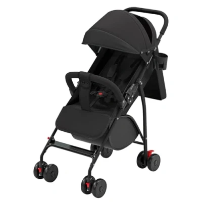 Immagine di Passeggino Canna Bambino Ultra Leggero, Compatto, Pieghevole e Inclinabile Nascita a 25 kg con Sistema Trolley, Copertura Antipioggia Inclusa, Cappuccio Espansibile C nero