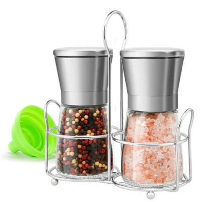 Immagine di M JINGMEI Macina Pepe Set di 2, Manuale Sale e Pepe, Macinino per Spezie Ricaricabile, in Vetro Marino Nero, Regolabile Manualmente con Supporto Acciaio Inox