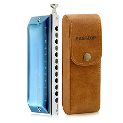 Immagine di East Top Upgrade Armonica cromatica Chiave di Do, 12 fori professionale a 48 toni per adulti, studenti e amanti dell&#039;armonica con coperchio blu (EAP 12)
