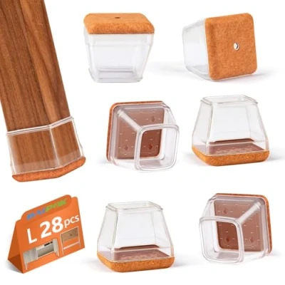 Immagine di 28 Pezzi Feltrini per Sedie Quadrati, BAIPOK Gommini in Silicone con Feltro, Elastiche Protezione Gambe Delle Antigraffio (Fit:30 40mm)