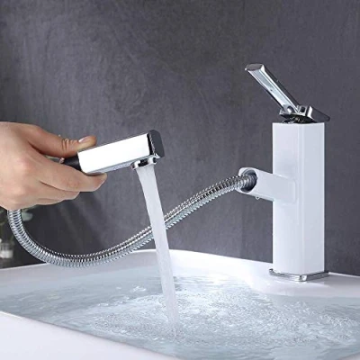 Immagine di Kaiying, rubinetto per lavandino da bagno con doccetta estraibile, miscelatore monoforo lavabo, monocomando cucina beccuccio girevole, ottone Regular Cromo e bianco.