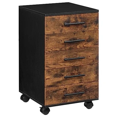 Immagine di HOOBRO Schedario da Ufficio, Armadietto Portadocumenti, Mobile d&#039;Ufficio a 5 Cassetti, Rotelle Girevoli, Stabile, Marrone Vintage e Nero EBF05WJ01