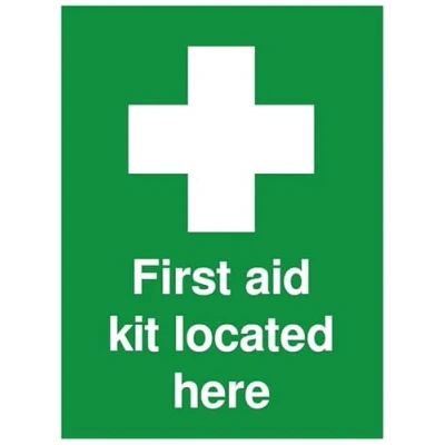 Immagine di Rubigo Kit di pronto soccorso adesivo con cartello sicurezza &quot;Located Here&quot;, primo soccorso, certificato ISO, 20 x 15 cm (confezione da 1)