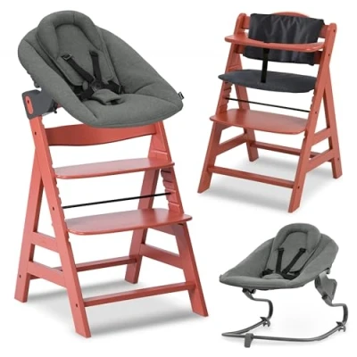 Immagine di hauck Seggiolone Pappa Evolutivo Alpha Plus Newborn Set Premium, Da 0 Mesi con Sdraietta Neonati Dondolo Reclinabile Extra Piatta, Cuscino in Cotone (Bouncer: Dark Grey, Cork)