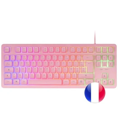 Immagine di Mars Gaming MCP RGB3, Pack Tastiera Fixed RGB + Mouse Flow 3200 dpi Cuffie Over Ear Tappetino XXL, Rosa, Lingua francese