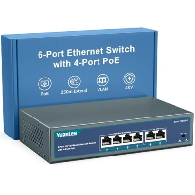 Immagine di YuanLey 6 Port PoE Switch with 4 PoE+, 802.3af/at 78W Built in Power, Fanless Metal Unmanaged Plug &amp; Play