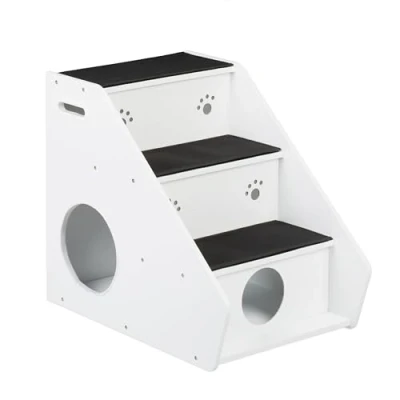 Immagine di Relaxdays Scaletta a 3 Gradini per Cani e Gatti, Tappeto Letto Divano, Fibra di Legno, Poliestere, Bianco Nero, HxLxP: 52,5 x 42 60 cm