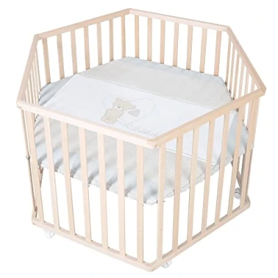 Immagine di roba Box per Bambini Liebhabear + Materasso, Esagonale, Ruote con Freni, Orsetto, Base Regolabile in Altezza, da 0 a 24 Mesi, Legno Naturale