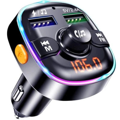 Immagine di FM Trasmettitore Bluetooth Auto, Adattatore Macchina con Radio AUX MP3, 2 Porte USB, Musica Accendisigari Luce Colorata 7 LED, Transmitter Dispositivo, Supporta Scheda TF &amp; Chiavetta USB