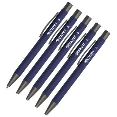 Immagine di Westcott E 745005 00 Set di 5 penne a sfera in alluminio blu con inchiostro blu, spessore del tratto XB 1,4 mm