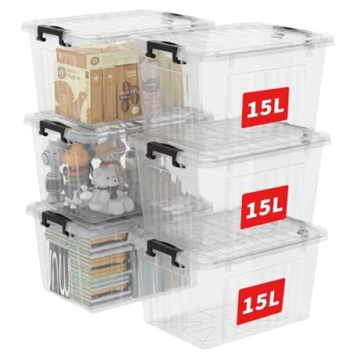 Immagine di Cetomo Scatola portaoggetti da 15 l x 6, con chiusura a clic e coperchio, impilabile, trasparente