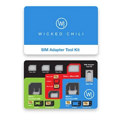 Immagine di Wicked Chili 8in1 Set di adattatori per schede SIM Nano a micro e standard + pin scheda cellulare, tablet, Router WLAN, LTE da viaggio, Surfstick(con custodia viaggio)