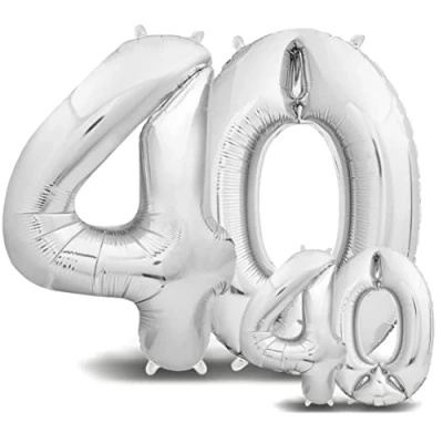 Immagine di envami, palloncino per il 40 compleanno, XXL, argento, in pellicola, 2 misure da 40&quot; e 16&quot; (101 cm + cm), set di decorazioni quattro numeri, ideale come decorazione, vola con elio