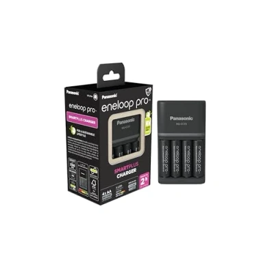 Immagine di Panasonic eneloop Caricabatterie SmartPlus per 1 4 batterie AA/AAA Ni MH, con indicatori LED e 10 funzioni di sicurezza, tra cui AA/Mignon, min. 2500 mAh (spina britannica)