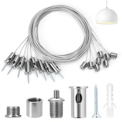 Immagine di QWORK® 8 pezzi cavo di sospensione in acciaio inossidabile, 1.5 mm x m, fune metallica, fissaggio a soffitto, per plafoniera pannello LED