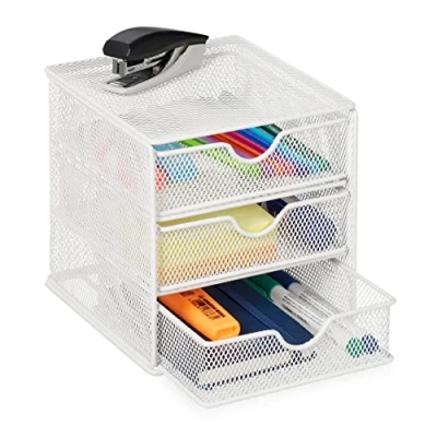 Immagine di Relaxdays Organizer Portaoggetti da Scrivania, 3 Cassetti, per Cancelleria Ufficio, Acciaio, HLP: 17x16x17 cm, Bianco