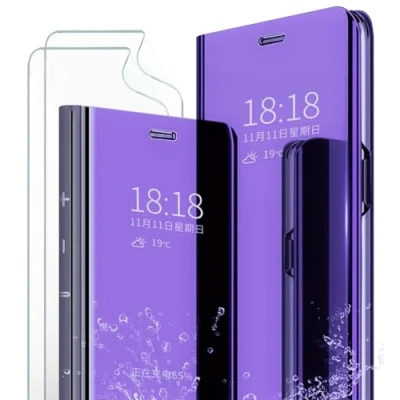 Immagine di MLOTECH custodia per Samsung S20 Plus, protettiva + pellicola [2 pezzi] Flip traslucido View Miroir Cover anti shock specchio funzione leggio viola blu
