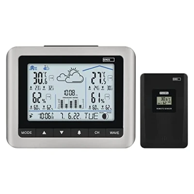 Immagine di EMOS Stazione meteo radio con retroilluminazione bianca, sensore esterno, temperatura C/F, umidità, previsioni meteo, letture max/min, orologio 12/24h, calendario, funzionamento a batteria