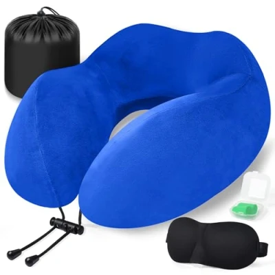 Immagine di iophi Cuscino da Viaggio, Collo Memory Foam, Cervicale Ufficio Ergonomico Portatile, con Maschera per Dormir, Tappi auricolari, Borsa, Perfetto Aereo, Auto e Treno (blu)