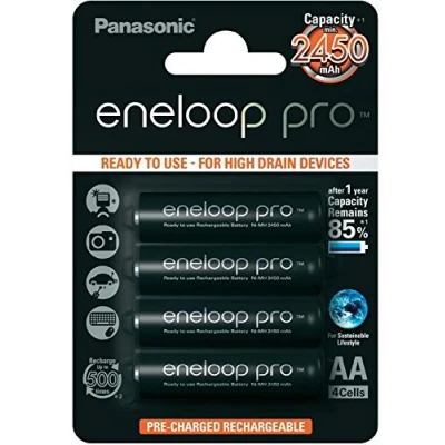 Immagine di eneloop pro, batterie ricaricabili AA/Mignon, confezione da 4, capacità di min. 2500 mAh, Ni MH, pronte all&#039;uso, fino a 500 volte, senza plastica, nere