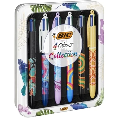 Immagine di BIC 4Colori Collection, Penne Colorate a Sfera, Scatto, Punta Media (1 mm), Set Cancelleria in Metallo, 6 Unità