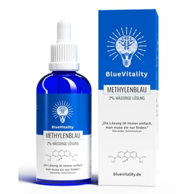 Immagine di BlueVitality 2% doppia concentrazione 100 ml di soluzione blu metilene qualità farmaceutica 100% USP Made in Germany laboratorio indipendente testato pipetta inclusa