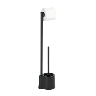 Immagine di WENKO Set da toilette autportante Avola, con portascopino aperto e portarotolo di carta igienica, in acciaio inox robusti elementi plastica, 13x70x16cm, nero opaco