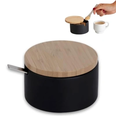 Immagine di KOOK TIME Zuccheriera Formaggiera in Ceramica con Coperchio Legno di bambù e cucchiaino da Zucchero Acciaio Inossidabile, per Casa Cucina, sirve Zucchero, Formaggio, spezie, ECC. (Negro)