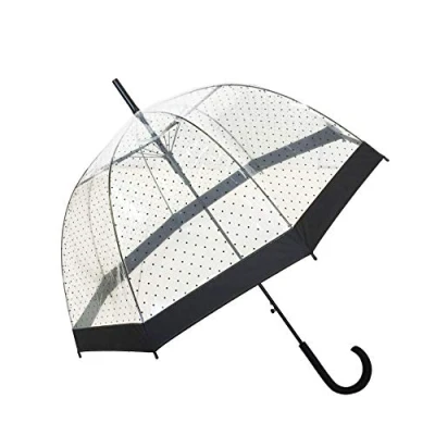 Immagine di SMARTBULLE Ombrello lungo trasparente a bolle d&#039;aria Solido; Apertura automatica; Diametro=85cm; da donna; Motivo puntini neri; forma di cupola.