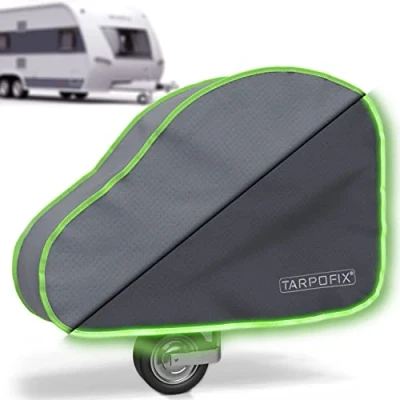 Immagine di Tarpofix® Copritimone caravan con strisce riflettenti Copri gancio roulotte universale per doppia chiusura a scatto traino rimorchi