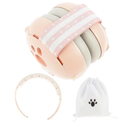 Immagine di paraorecchie per bambini, 2 in 1, neonati, con fascia regolabile e imbottita, bambini fino a 48 mesi, adatto dormire, viaggiare ambienti rumorosi, Colore: rosa., m