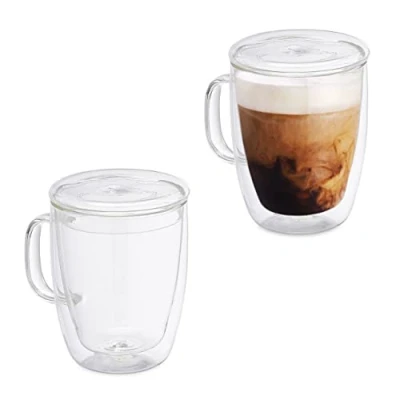 Immagine di Relaxdays Bicchieri Doppio, Set da 2, 500 ml. Tazze con Manico e Coperchio, in Vetro Borosilicato, Trasparente, 100%