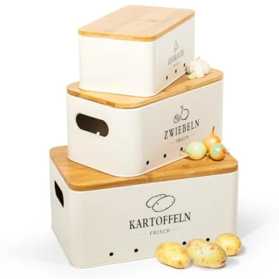 Immagine di Theo&amp;Cleo Set di 3 contenitori per patate, cipolle e aglio, conservabili più a lungo (beige opaco)
