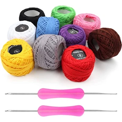 Immagine di Kurtzy 10 Filati x Uncinetto Gomitoli Cotone per Set 2 Uncinetti Ergonomici Inclusi (1 mm, mm) Peso Gomitolo 20 g Lunghezza Filo Colorato 1500m