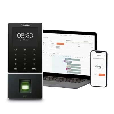Immagine di TimeMoto TM—828 SC Rilevatore di presenza basato su cloud con sensore impronte digitali, abbinato a tessere tipo RFID, PIN, 2.000 utenti, timbratura, report delle ore lavorate, Wi Fi