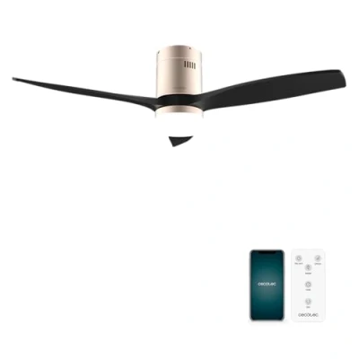 Immagine di Cecotec Ventilatori da Soffitto EnergySilence Aero 5600 Aqua GoldBlack Connected 40 W, LED 18 Diametro 132 cm, Wi Fi, Telecomando, Protezione IP44, Timer 8 Ore, 3 Pale, 6 Velocità