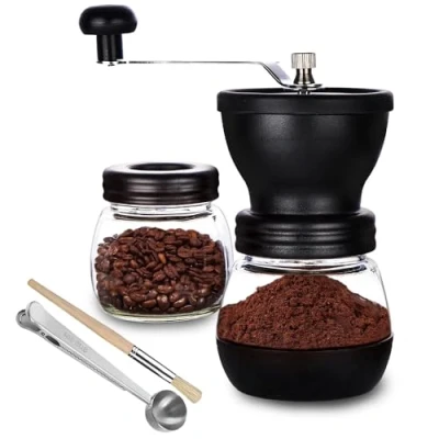Immagine di PARACITY Macinacaffè Manuale con 2 Barattoli di Vetro (325ml Ciascuno), a Mano Nuclei Macinazione in Ceramica, Portatile Piccolo Pennello