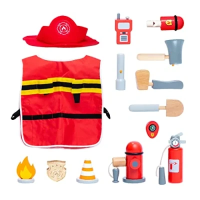 Immagine di UMU® set da gioco per bambini in legno con pompiere, cappuccio, estintore del fuoco, apparecchi radio, pipa e molto altro ancora, di giocattoli ruolo, 4, 5 anni