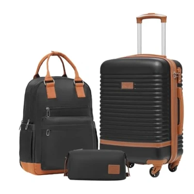 Immagine di COOLIFE Set Valigie,Set di Valigie,Trolley da viaggio con 4 Rotelle Girevoli a 360 TSA Serratura 1 zaino e Borsa toilette Incluso (Albicocca/Nero, valigie 3pzs (20&quot;))