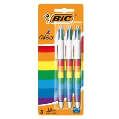 Immagine di Rainbow Bic 4 colori in 1 penna a sfera retrattile, confezione da 3