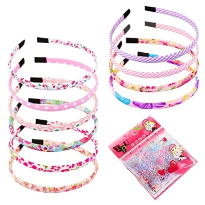 Immagine di 10 fasce floreali e 500 elastici color gelatina, colorate per ragazze, floreali, capelli rosa, adatte alla maggior parte delle ragazze.