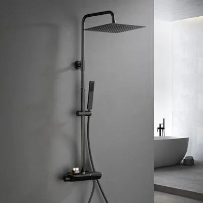 Immagine di Görbach Nero Colonna Doccia con Termostatico in Acciaio INOX 304 Rubinetto Soffione Miscelatore, Set a Pioggia Doccetta(30x30cm Quadrato)
