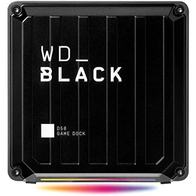 Immagine di WD_BLACK D50 SSD Game Dock NVMe, 2 TB. porte Thunderbolt 3, DisplayPort 1.4, USB C, 3 A, ingresso/uscita audio e Gigabit Ethernet; luci RGB personalizzabili, velocità di lettura
