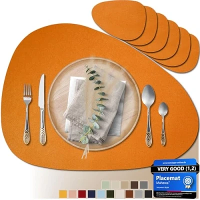 Immagine di Mahewa® Set di 6 tovagliette in similpelle alta qualità, lavabili e impermeabili, effetto pelle (ovale, arancione)