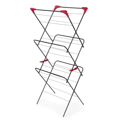 Immagine di Russell Hobbs LA073785EU 3 Tier appendiabiti rack di asciugatura, ripiegamento,15 metri spazio quattro ali laterali ideali per appendiabiti, rosso/nero, 64 x 45 138 cm