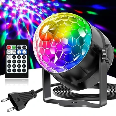 Immagine di Gobikey Luci discoteca, 360 rotante con controllo musicale, palla da discoteca per feste telecomando e cavo 2 metri, 15 effetti luminosi RGBP, ideale in casa, compleanni, festività