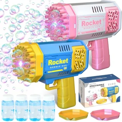 Immagine di JEDWKFA 2 Pezzi Pistola a Bolle per Bambini, Spara di Sapone, 40 Fori Sapone Automatico, Sparabolle Bazooka Matrimonio Giochi Esterno Feste Compleanno