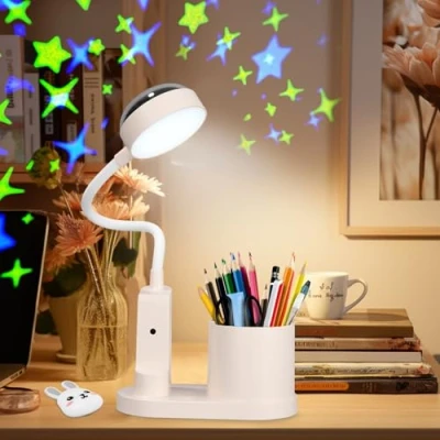 Immagine di Zaxiva Lampada da Scrivania a LED per Bambini, Tavolo 3 Luminosità Dimmerabile, Lettura con Portapenne e Proiezione di Stelle, Bambini Ricaricabile Cameretta, Studio