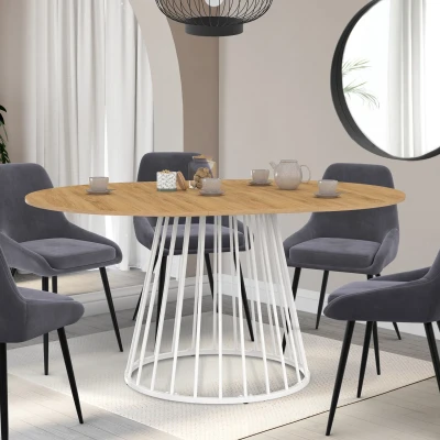 Immagine di Tavolo da pranzo rotondo allungabile YUNA per 4 8 persone con piano in legno e gamba filo metallico bianco 110 150 cm IDMarket