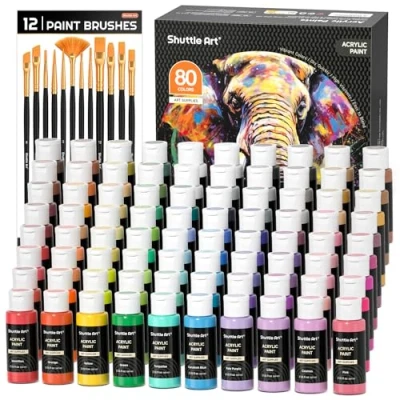 Immagine di 80 Colors Acrylic Paint, Paint set with 12 Brushes, 2oz/60ml Bottles, Rich Pigmented, Water Proof, Premium Paints for Artists, Beginners and Kids on Canvas Rocks Wood Ceramic